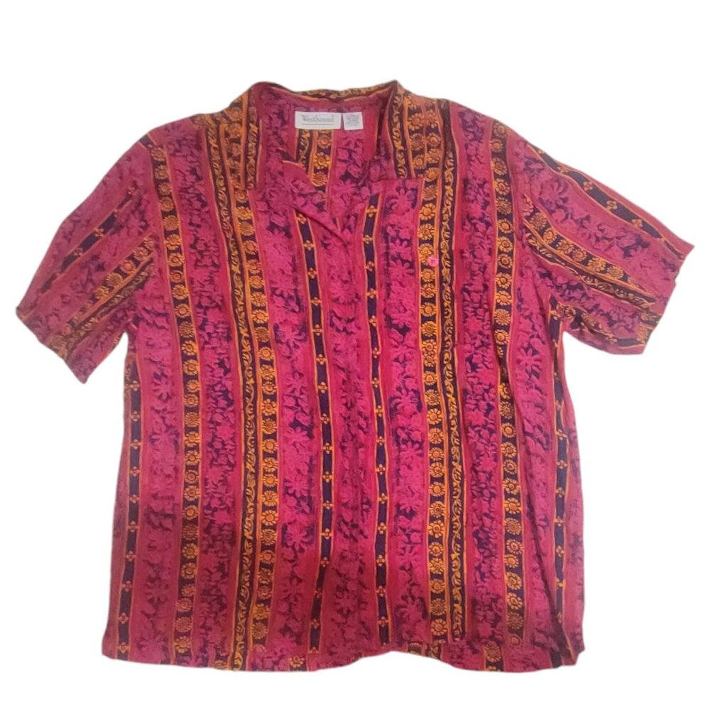 Vintage 90s Westbound Womens XL Button-Up Shirt Bright Pink Orange Rayon Stripe
